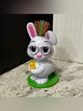 White Bunny Holiday Figurine with Pink Accents and Green Base